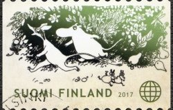 A stamp printed in Finland showing the characters of Tove Jansson's fairy tales.