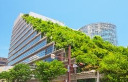 View of Acros Fukuoka on Jul 09, 2015 in Fukuoka, Japan. Acros Fukuoka is the eco-building and landmark of Fukuoka that has a green roof.